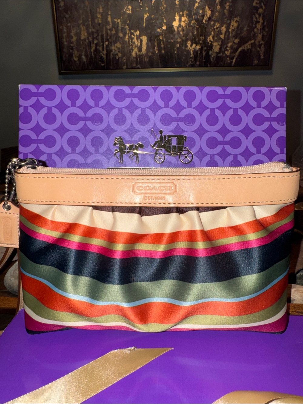 Coach Legacy Satin Multicolor Striped Wristlet-Clutch with Leather Trim & Box